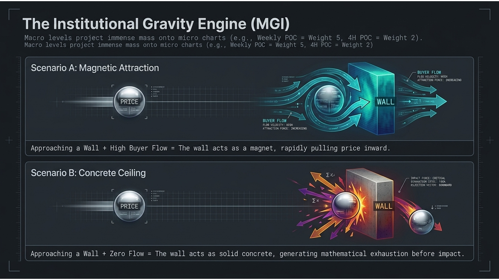 Institutional Gravity Engine projecting Weekly and Daily POC walls onto micro timeframes