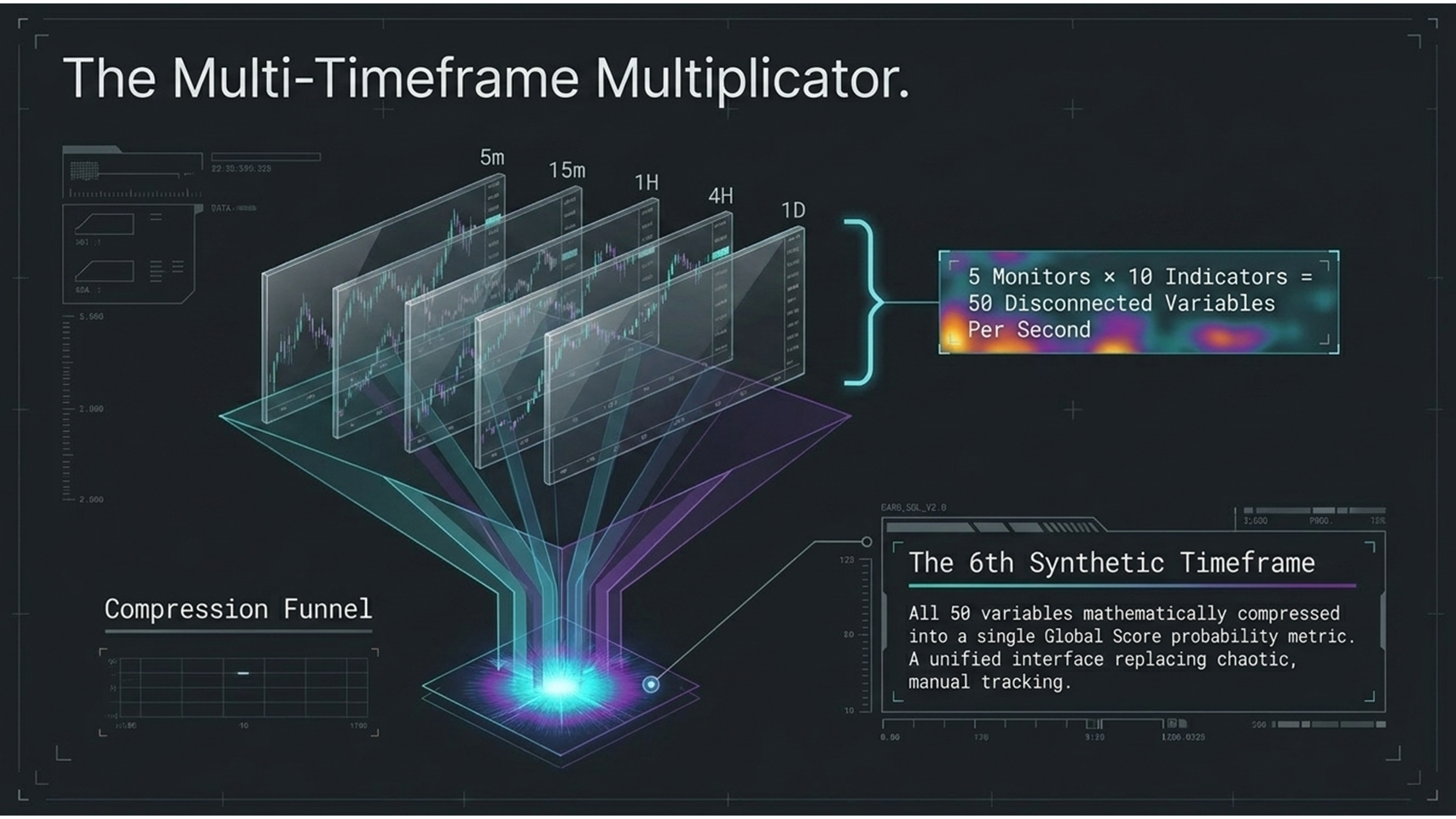 Multi-timeframe Fibonacci engine compressing five timeframes into one Global Score
